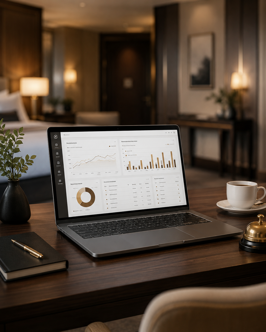 Laptop mit Hotelauswertungen auf einem professionellen Management-Arbeitsplatz.