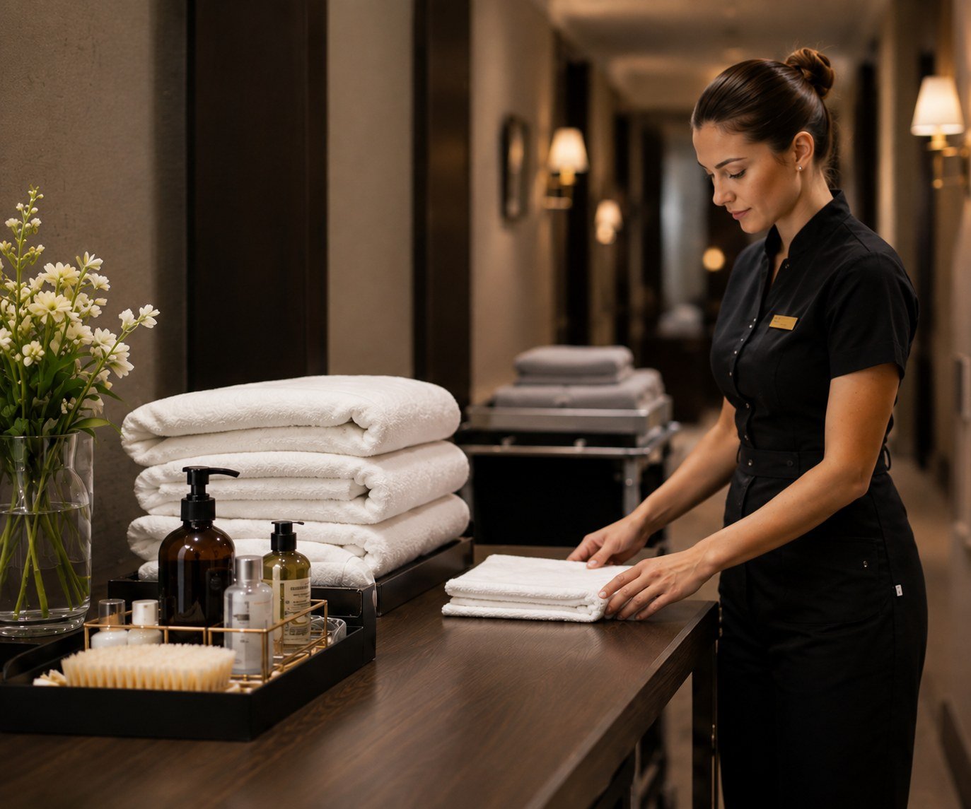 Housekeeping-Mitarbeiterin bereitet Wäsche und Pflegeartikel für den Arbeitsalltag vor.