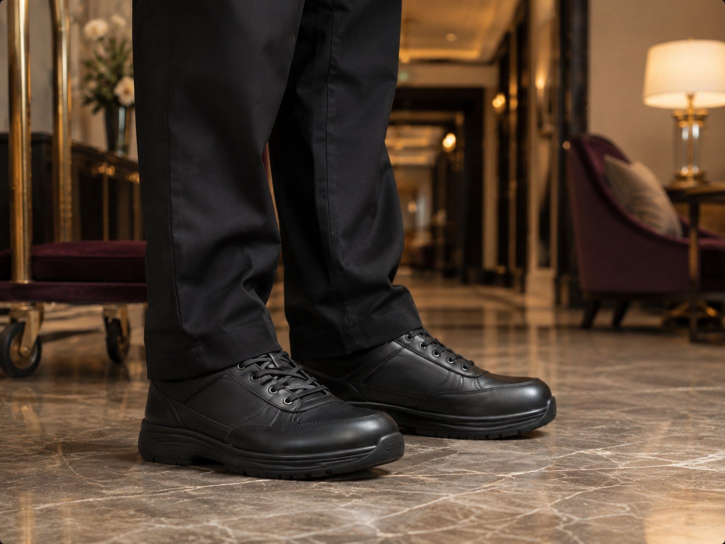 Schwarze rutschfeste Arbeitsschuhe im Hotel.