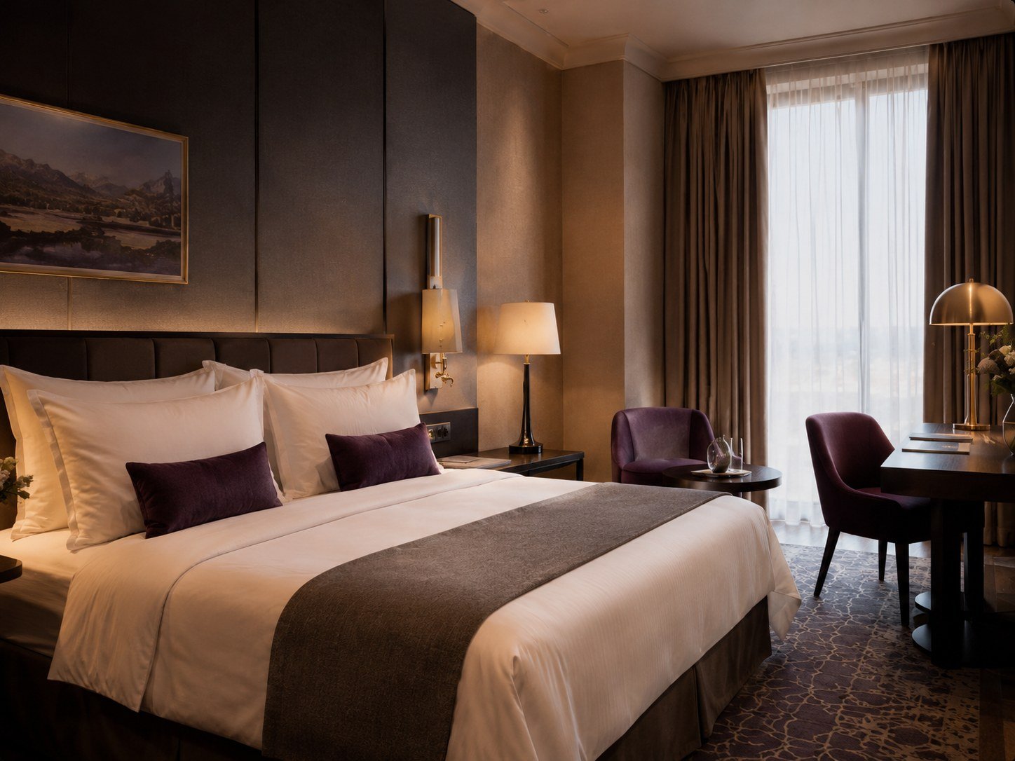Hochwertig eingerichtetes Hotelzimmer mit Bett, Schreibtisch und Sitzbereich.