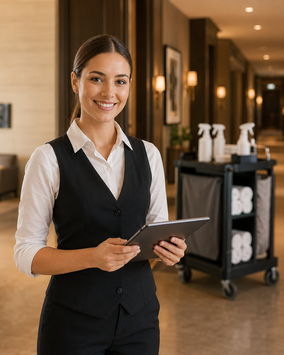 Junge Hotelfachkraft mit Tablet und Housekeeping-Wagen im Hotelflur.
